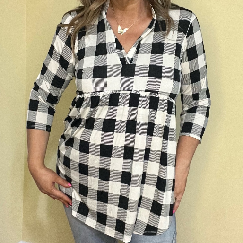 Heimish USA 3/4 Length Sleeve Black/Cream Buffalo Plaid Top Size 2X